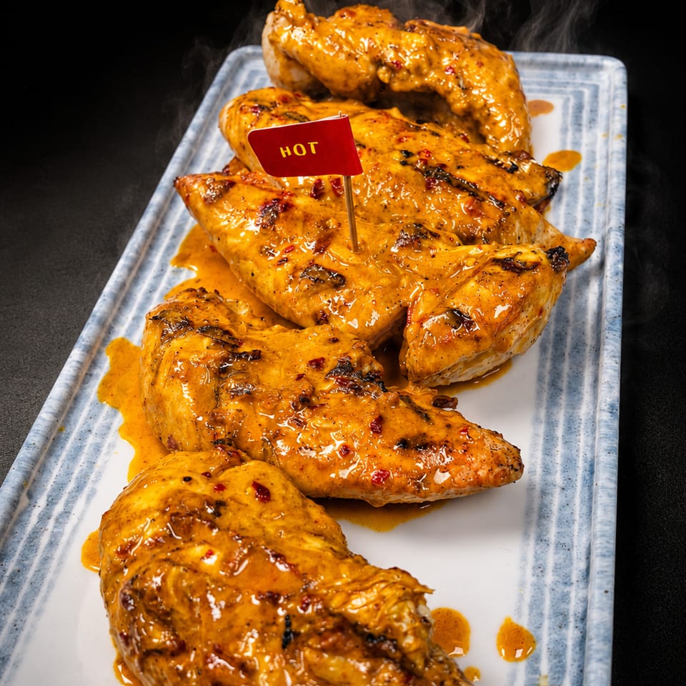 Steaming hot grilled chicken tenders with spicy sauce and a "HOT" flag on a white platter.