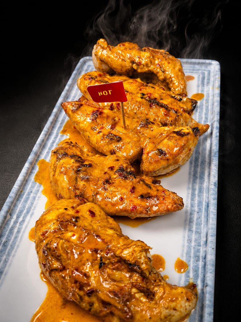 Steaming hot grilled chicken tenders with spicy sauce and a "HOT" flag on a white platter.
