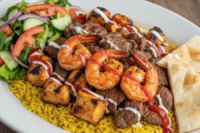 Chicken Lamb & Shrimp Over Rice.